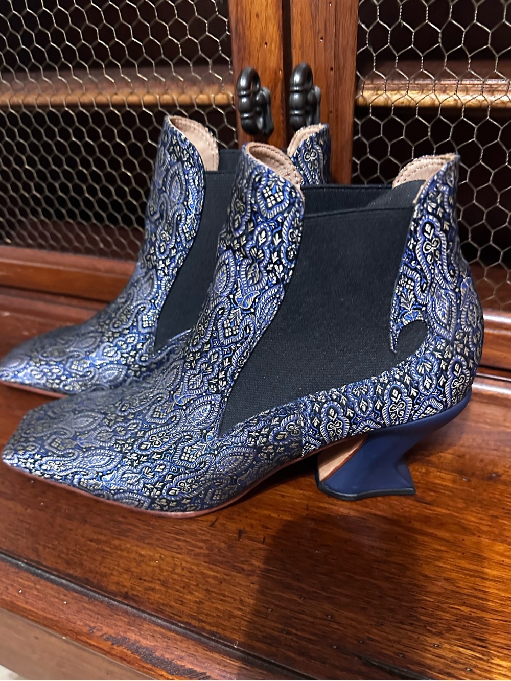 NWOT John Fluevog | Blue Oman Tapestry Jacquard Baroness Super Fine Boots